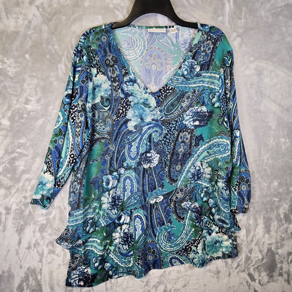 Susan Graver Tiered Shirt Large Blue Green Floral Paisley Asymmetrical Hem